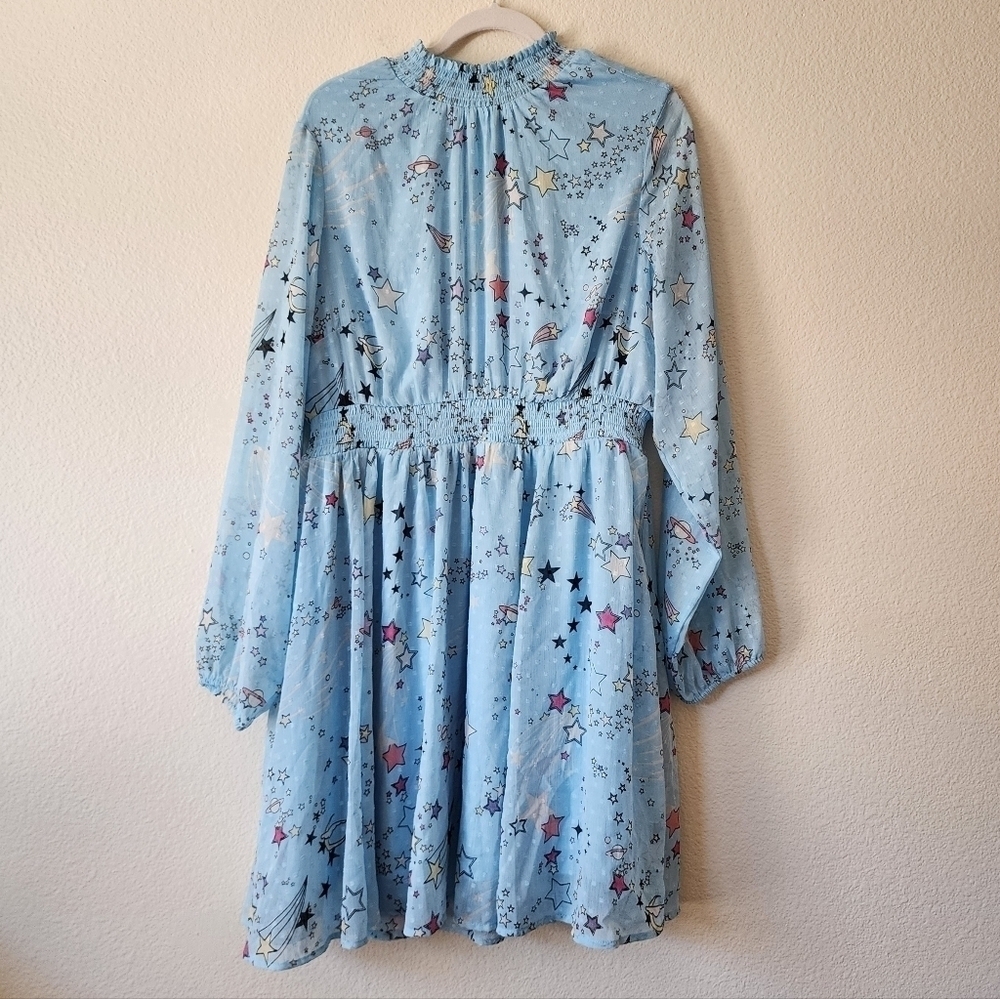 Torrid Cosmic Stars Mini Clipdot Blouson Sleeve Mock Neck Skater Dress 1 NWT - Picture 2 of 7
